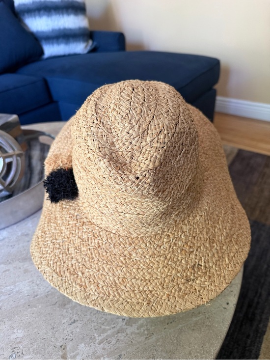 Hat Attack Rattan Straw Sun Pom Beach Hat Hi Embroidered Graphic Writing